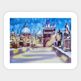 Prague by night watercolour illustration Sticker